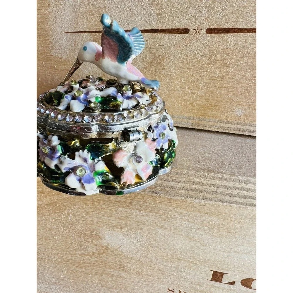 Ornate Hummingbird Trinket Box Small Metal Acrylic Pill Ring Holder  Rhinestone